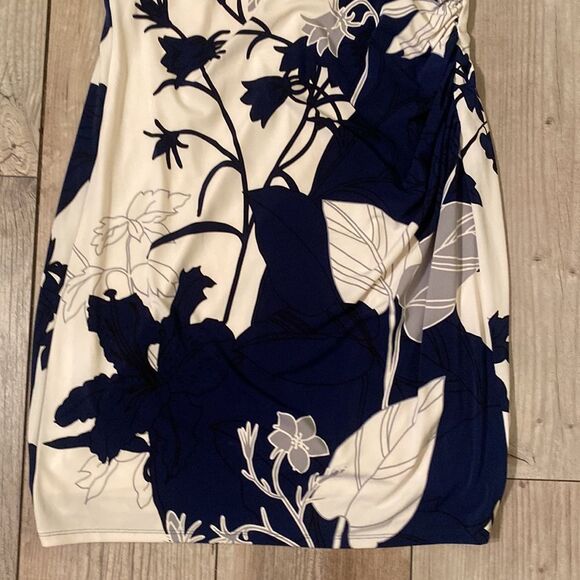 Navy Blue and Cream Ralph Lauren Size 14 Lined Polyester & Spandex Floral Dress - Picture 5 of 12